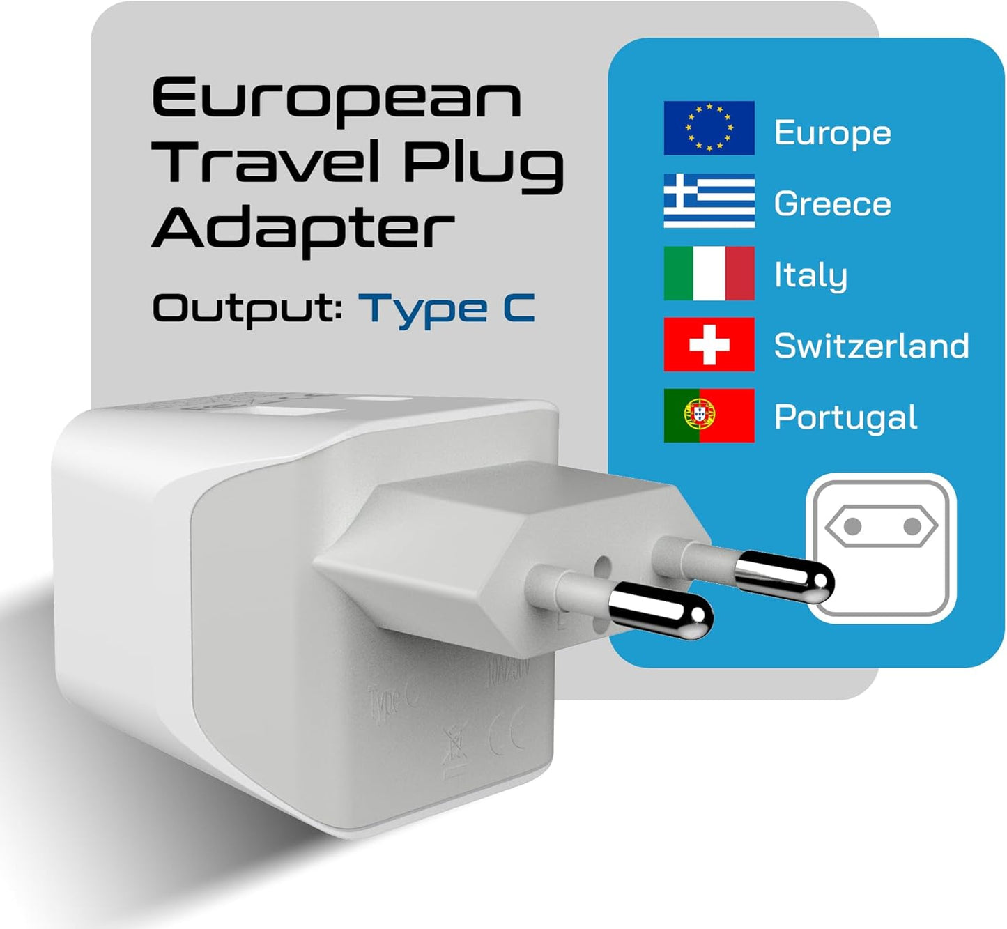 European Travel Plug Adapter – Compact Type C & F Adapter with USB-C & A + USA Input – Safe Grounded Schuko Adapter – Travel Charger for France, Germany & More – CTU-9-9C-PK