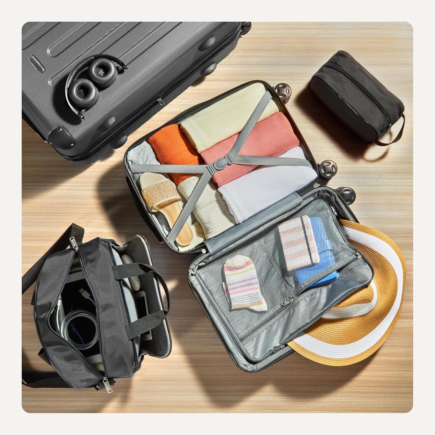 4-Piece Luggage Set, Including Two Hardside Suitcases With Multi-directional Spinner Wheels (22" Carry-On and 28" Checked), One 15-inch Tote Bag and One 10-inch Compact Travel Bag, Black