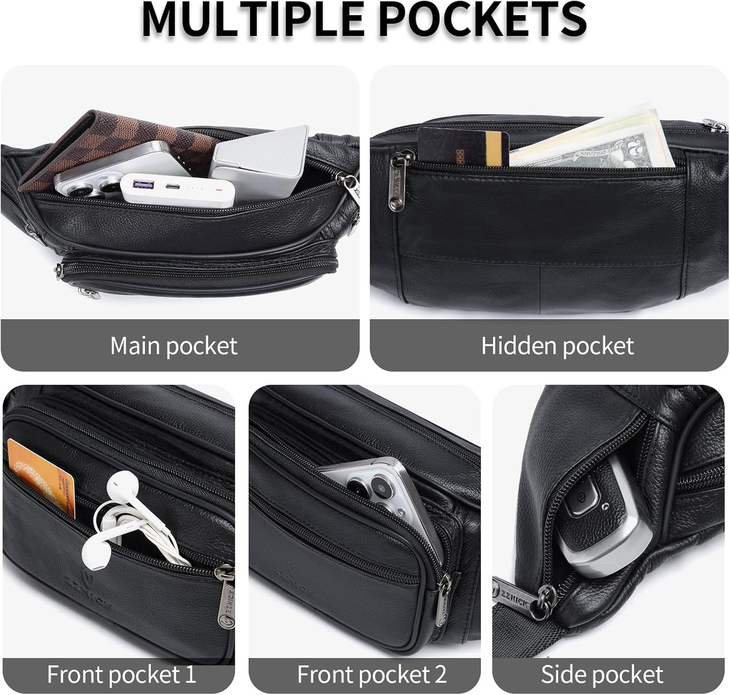 Genuine Leather WAIST BAG / Organizer with Adjustable Belt and Multiple Pockets for Men and Women