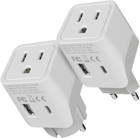 European Travel Plug Adapter – Compact Type C & F Adapter with USB-C & A + USA Input – Safe Grounded Schuko Adapter – Travel Charger for France, Germany & More – CTU-9-9C-PK