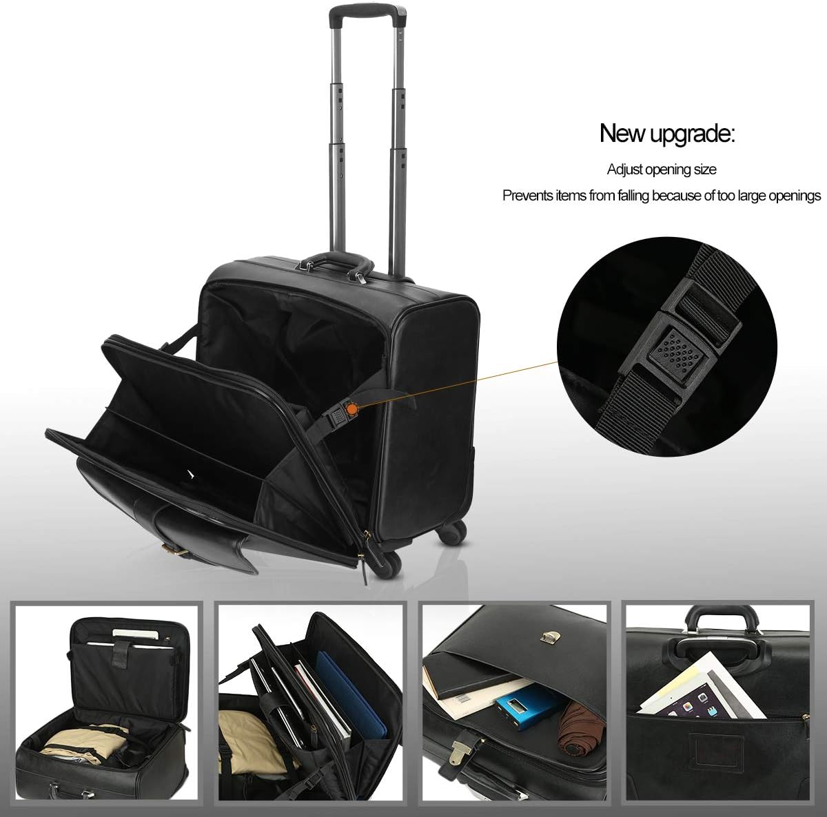 Leather Rolling Laptop Case Wheeled Briefcase Suitcase Roller Boarding Black