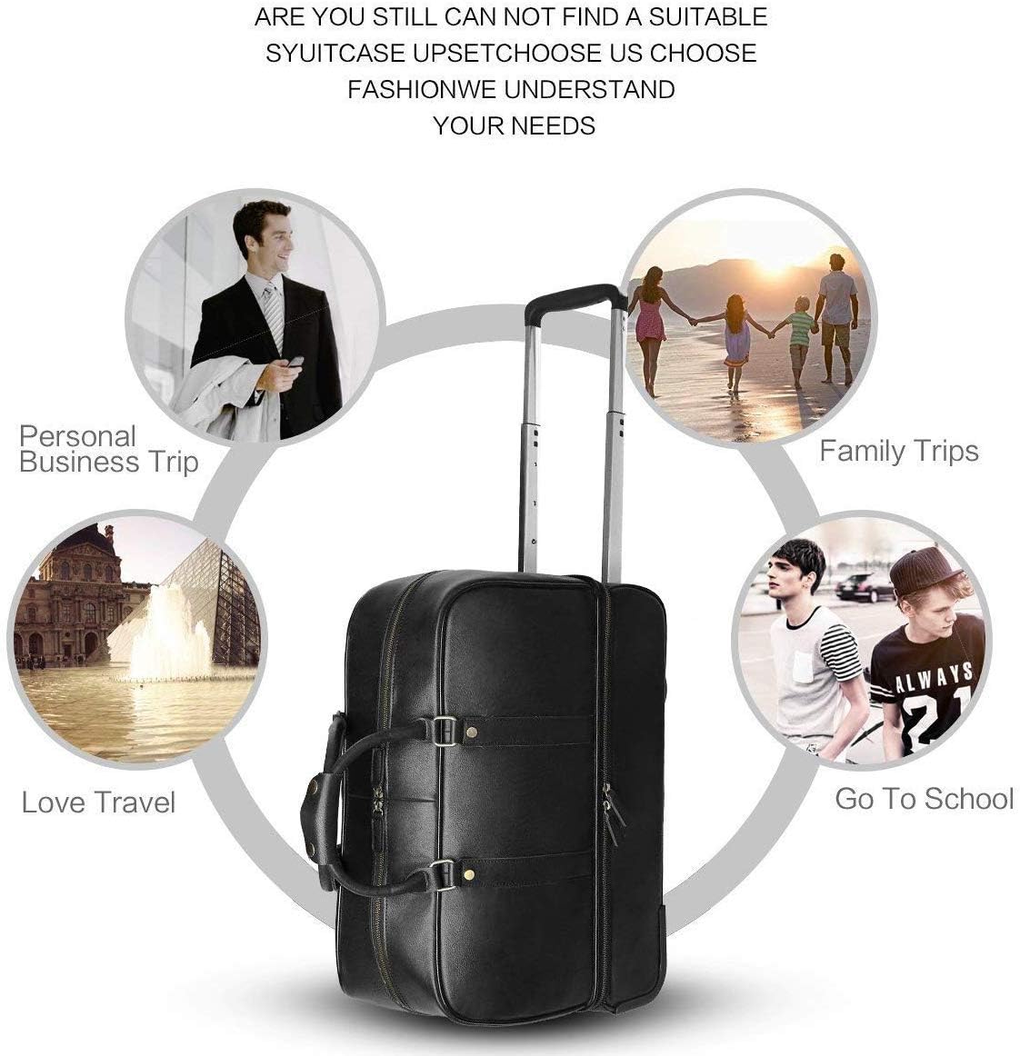 Leather Luggage travel duffle bag weekend overnight bag rolling suitcase Black