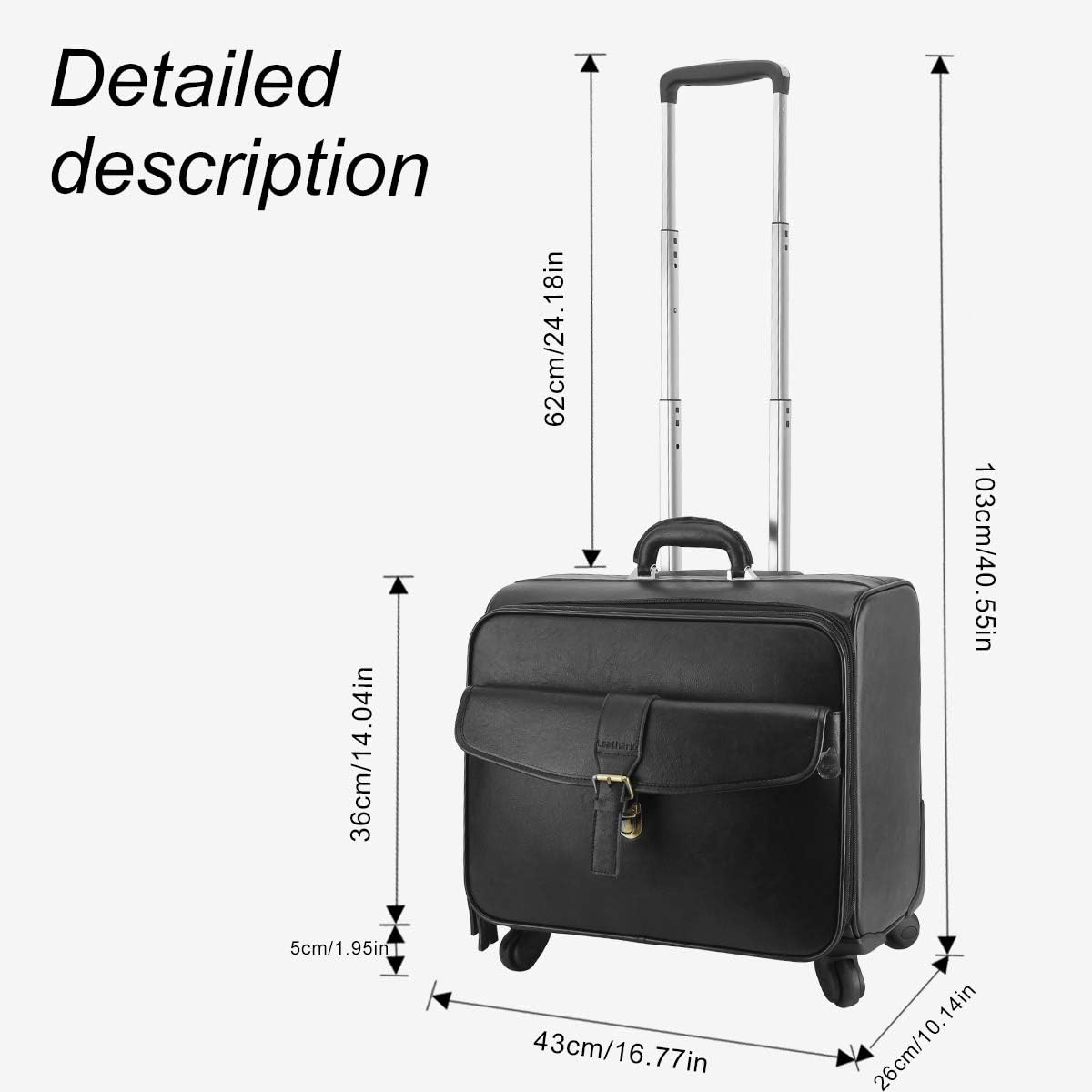 Leather Rolling Laptop Case Wheeled Briefcase Suitcase Roller Boarding Black