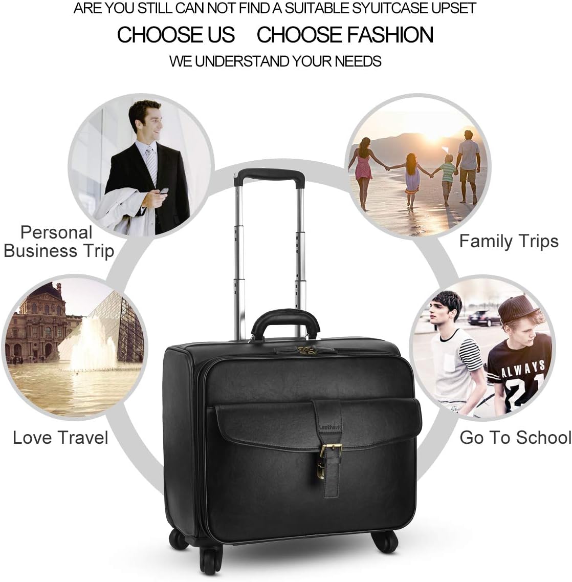 Leather Rolling Laptop Case Wheeled Briefcase Suitcase Roller Boarding Black