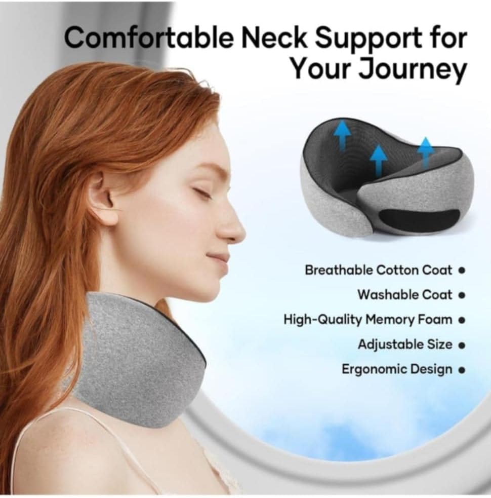 Memory Foam Travel Pillow – Soft, Adjustable U-Shaped Neck Support for Comfort & Sleep