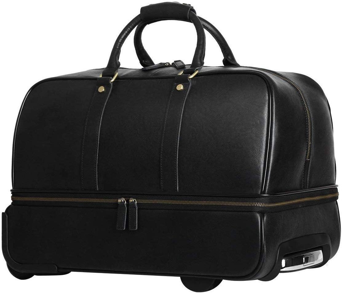 Leather Luggage travel duffle bag weekend overnight bag rolling suitcase Black