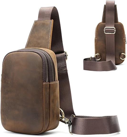 Genuine Leather Sling Bags for Men Crossbody Purse Vintage Small Messenger Shoulder Bag for Phone Side Chest Daypack Bag