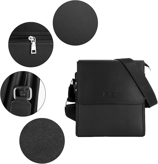 Crossbody Bag for Men Vegan Leather Small Messenger Shoulder Purse Side Satchel for Work Business Travel Daily Black