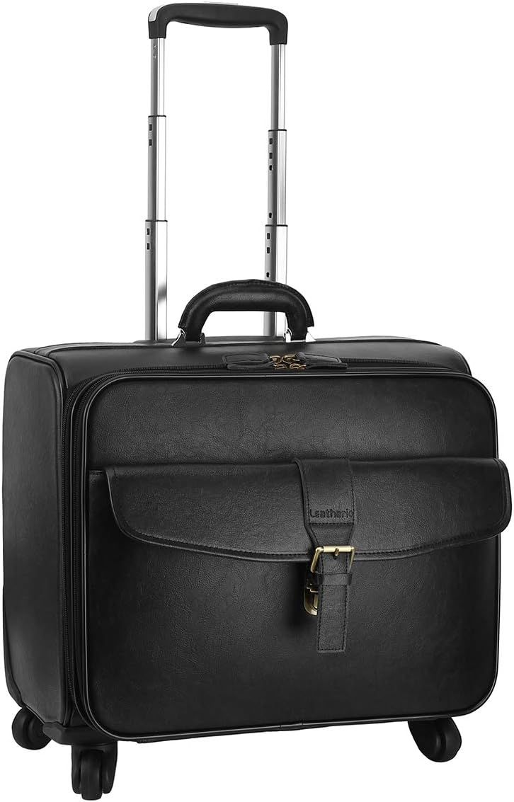 Leather Rolling Laptop Case Wheeled Briefcase Suitcase Roller Boarding Black