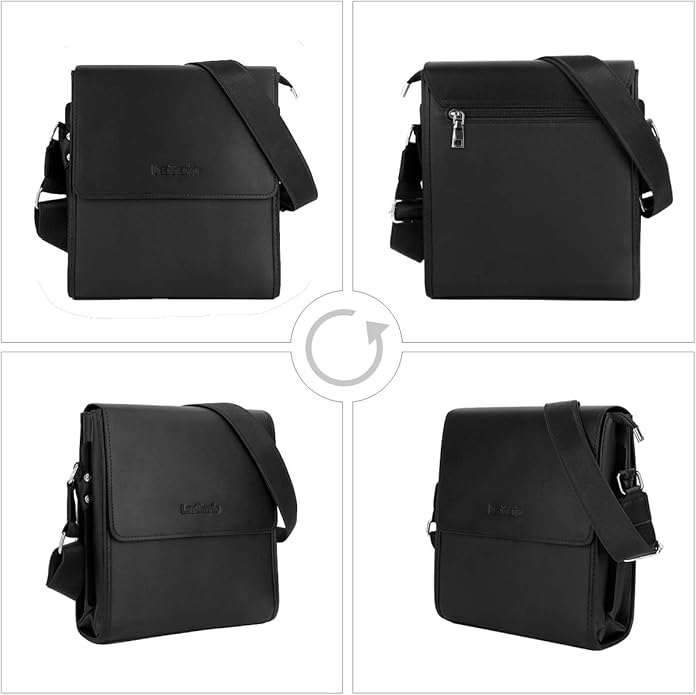 Crossbody Bag for Men Vegan Leather Small Messenger Shoulder Purse Side Satchel for Work Business Travel Daily Black