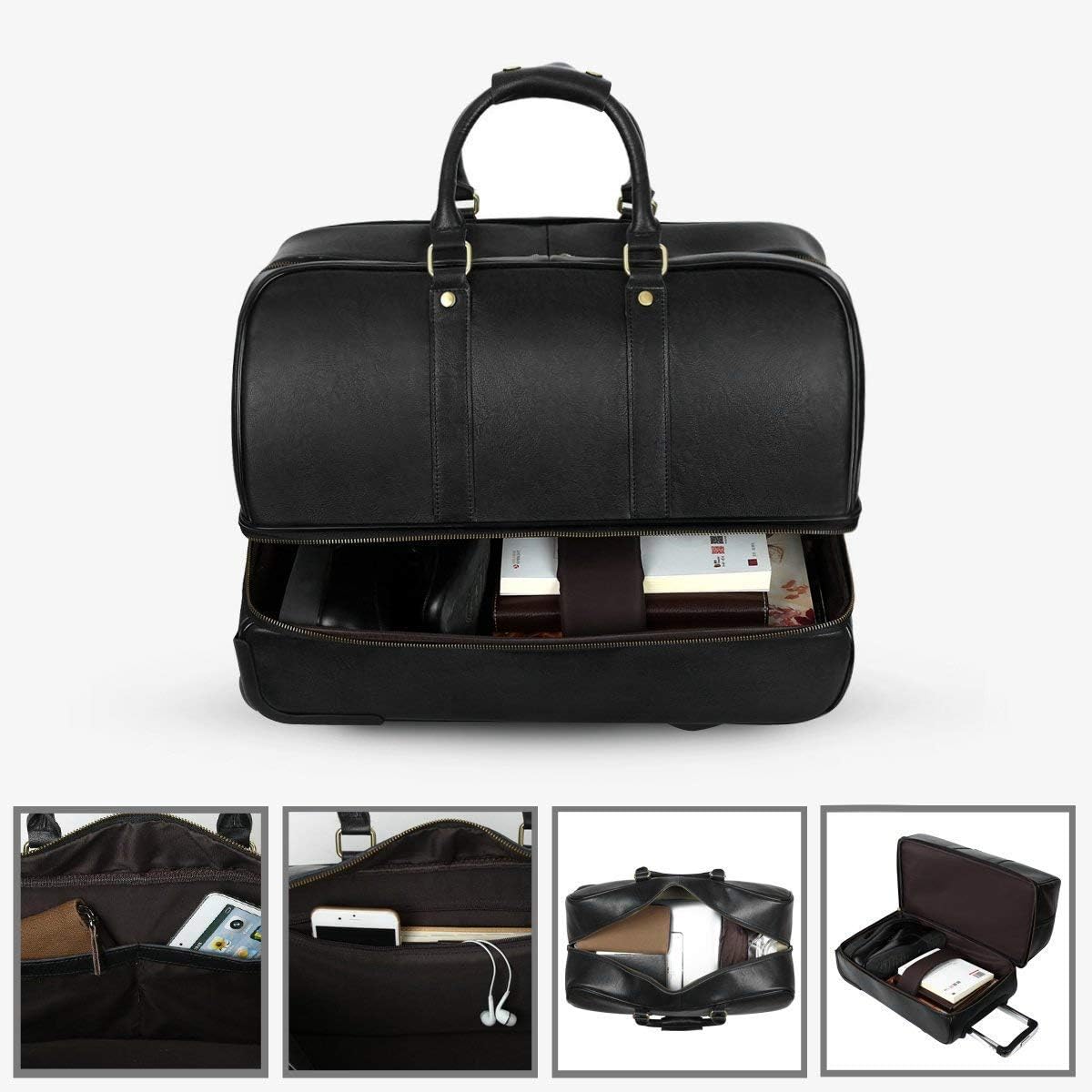 Leather Luggage travel duffle bag weekend overnight bag rolling suitcase Black