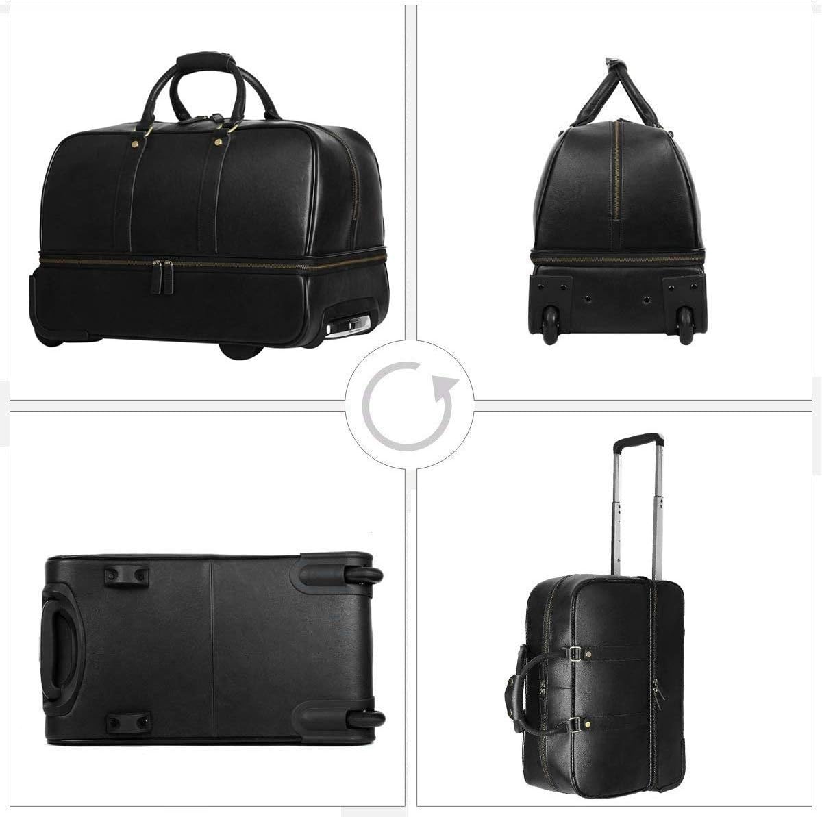 Leather Luggage travel duffle bag weekend overnight bag rolling suitcase Black