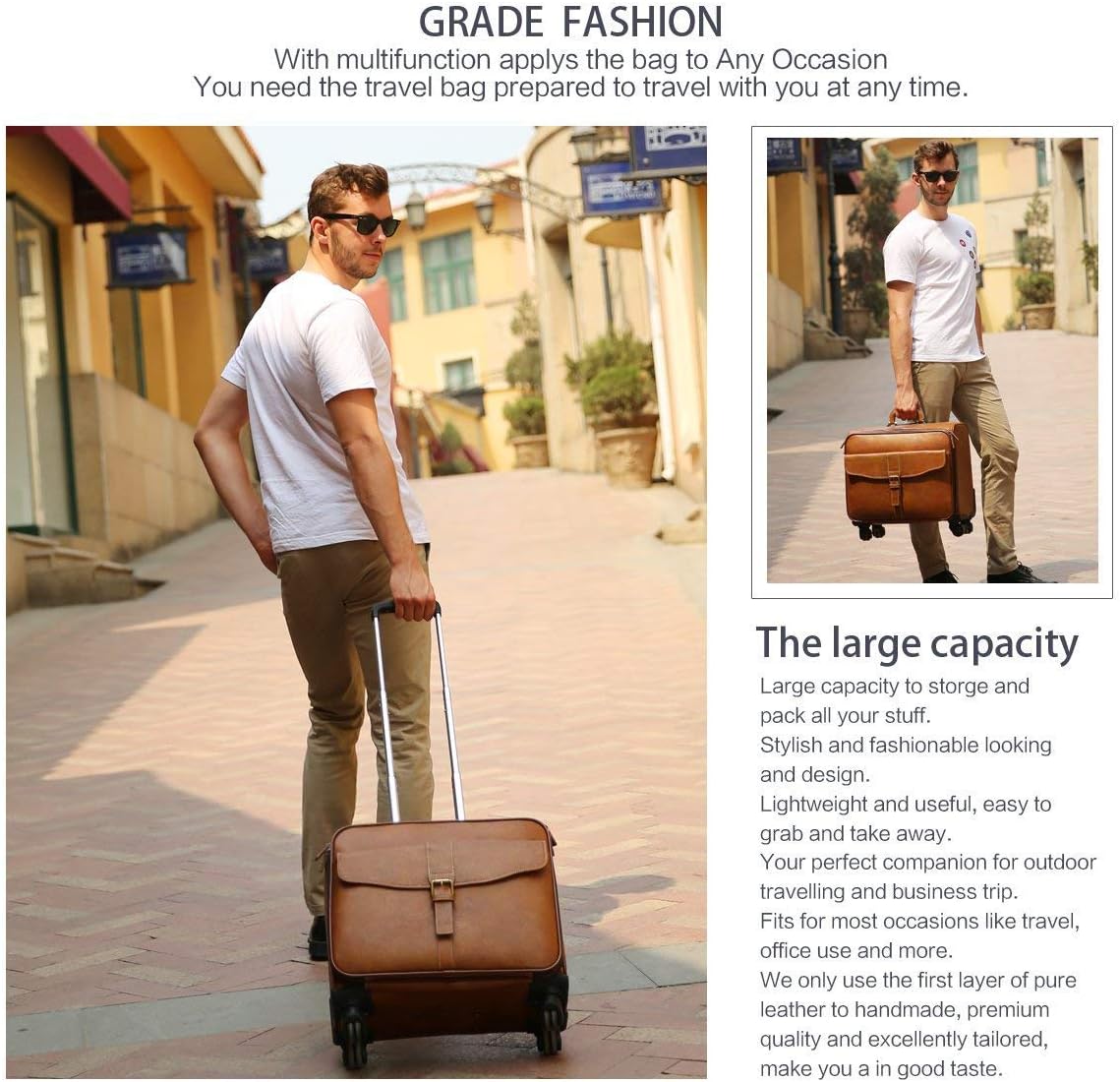 Leather Rolling Laptop Case Wheeled Briefcase Suitcase Roller Boarding