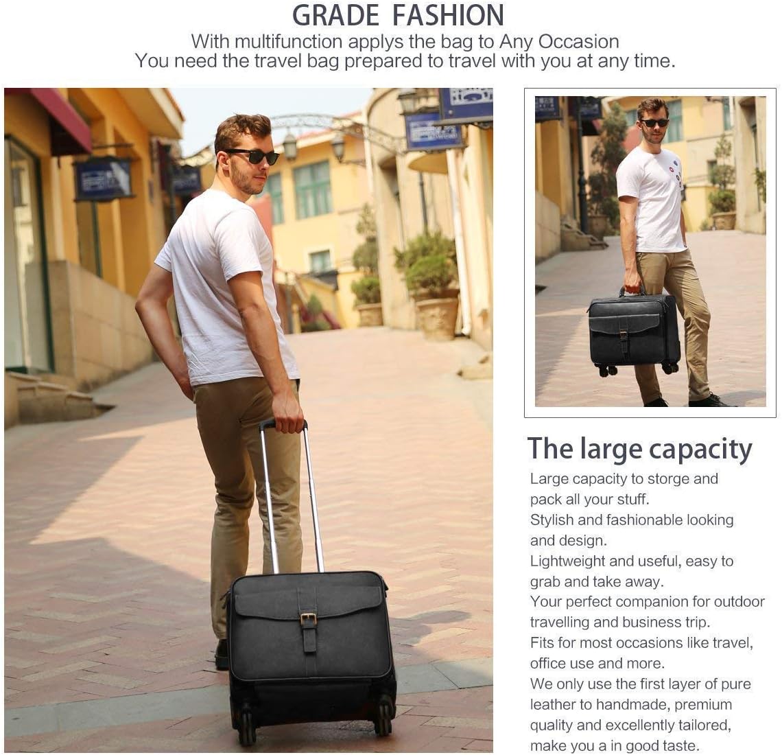 Leather Rolling Laptop Case Wheeled Briefcase Suitcase Roller Boarding Black