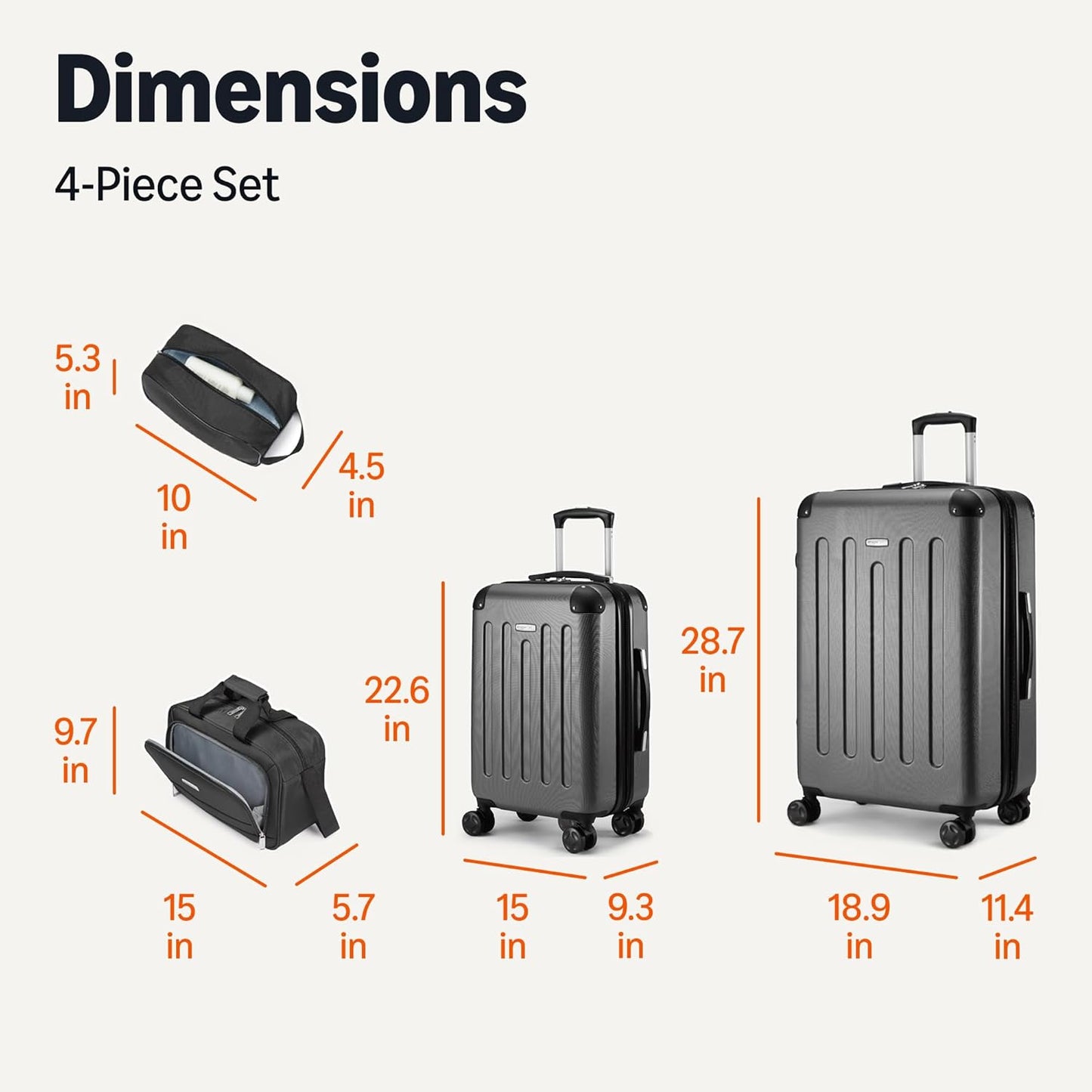 4-Piece Luggage Set, Including Two Hardside Suitcases With Multi-directional Spinner Wheels (22" Carry-On and 28" Checked), One 15-inch Tote Bag and One 10-inch Compact Travel Bag, Black