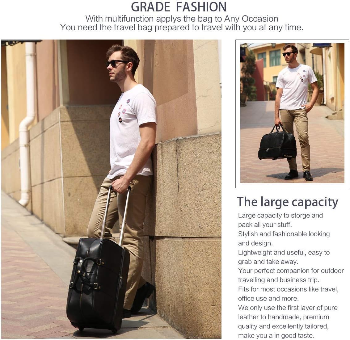 Leather Luggage travel duffle bag weekend overnight bag rolling suitcase Black