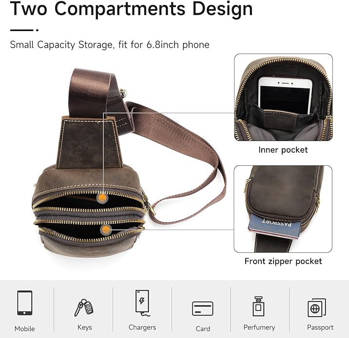 Genuine Leather Sling Bags for Men Crossbody Purse Vintage Small Messenger Shoulder Bag for Phone Side Chest Daypack Bag