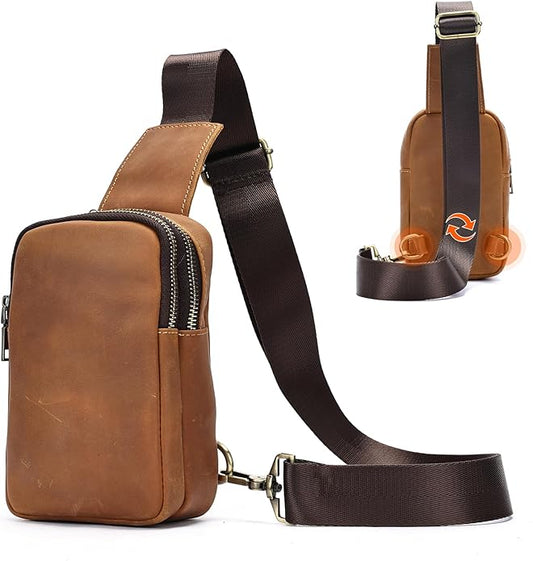 Genuine Leather Sling Bags for Men Crossbody Purse Vintage Small Messenger Shoulder Bag for Phone Side Chest Daypack Bag