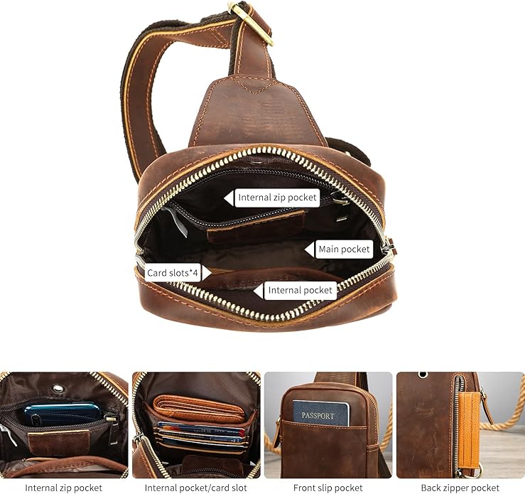 Genuine Leather Sling Bags for Men Crossbody Purse Vintage Small Messenger Shoulder Bag for Phone Side Chest Daypack Bag