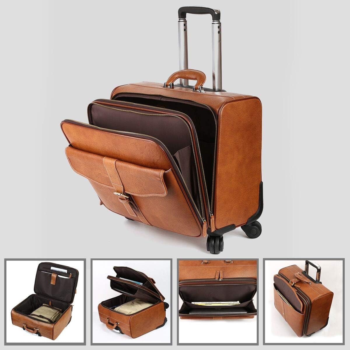 Leather Rolling Laptop Case Wheeled Briefcase Suitcase Roller Boarding