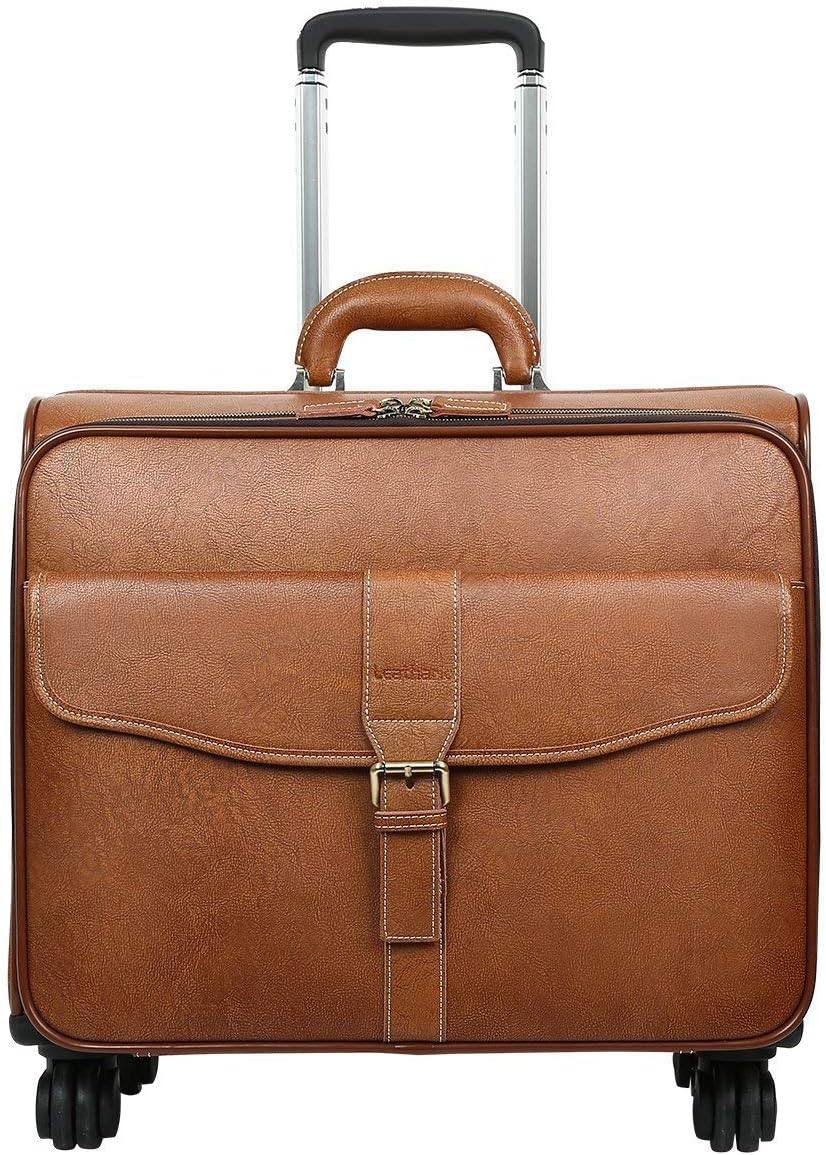 Leather Rolling Laptop Case Wheeled Briefcase Suitcase Roller Boarding