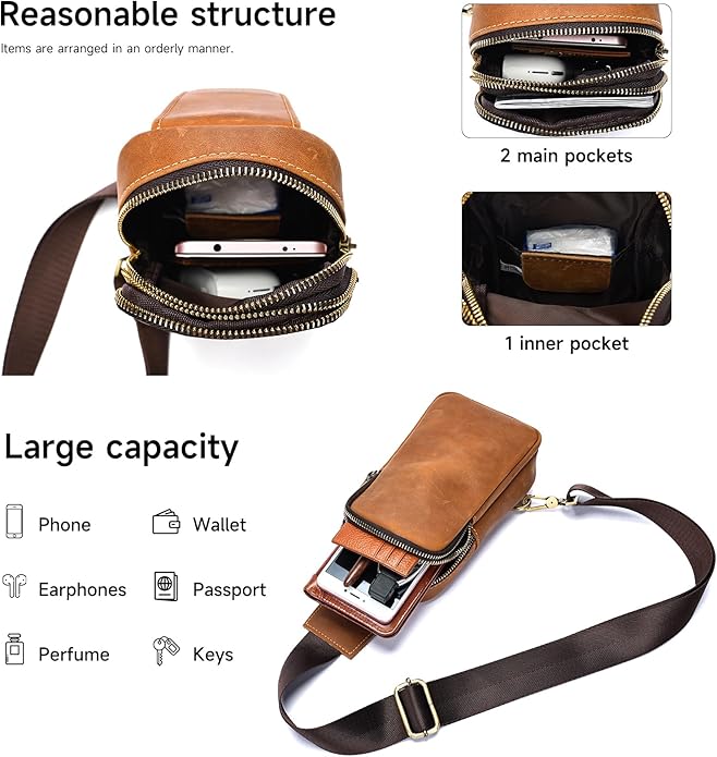 Genuine Leather Sling Bags for Men Crossbody Purse Vintage Small Messenger Shoulder Bag for Phone Side Chest Daypack Bag
