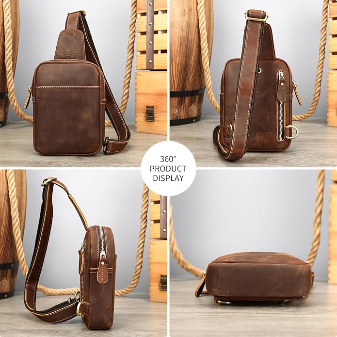 Genuine Leather Sling Bags for Men Crossbody Purse Vintage Small Messenger Shoulder Bag for Phone Side Chest Daypack Bag