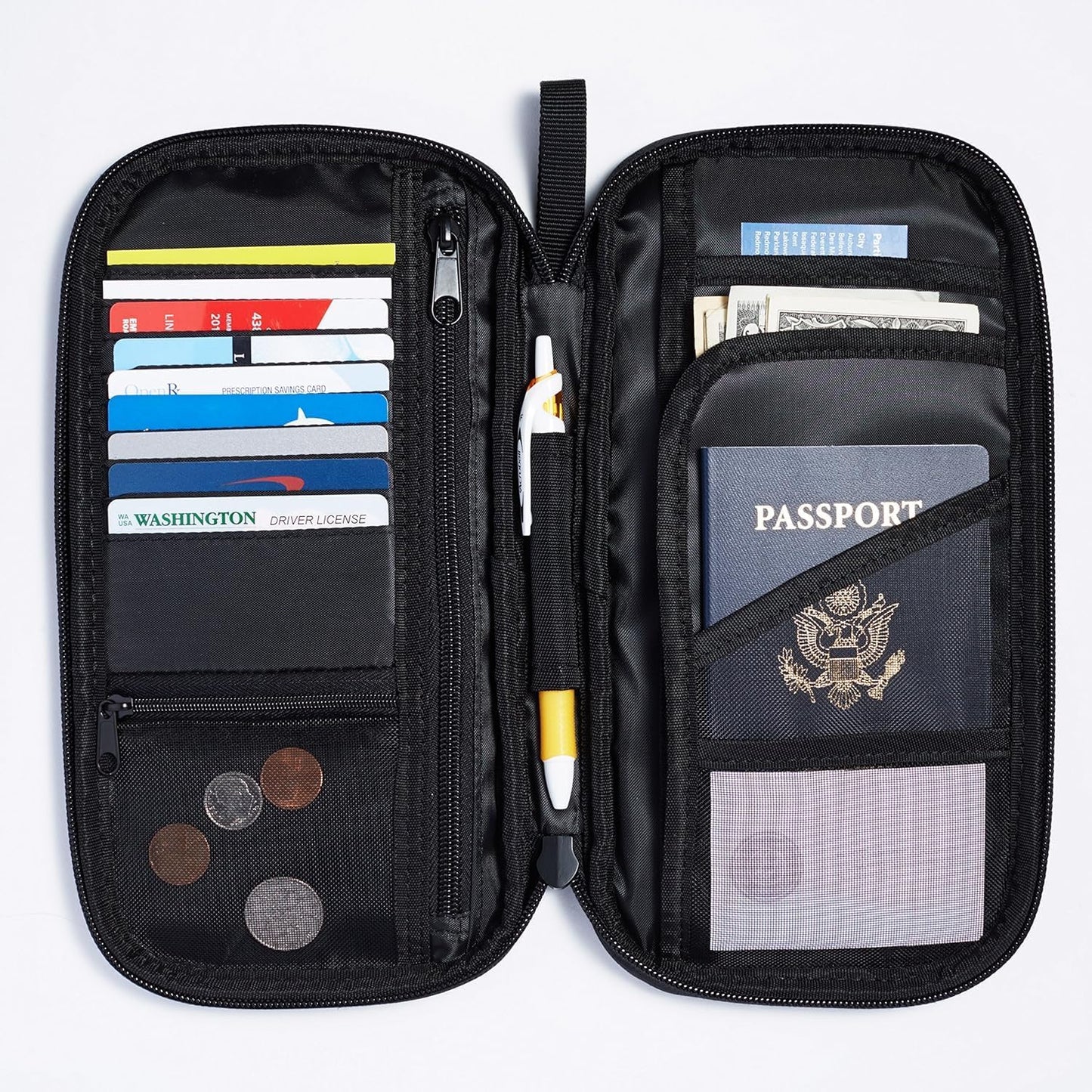 RFID-blocking Passport Wallet, Passport Holder for Travel, 100% Nylon Material with Durable Zipper Closure, Zippered Pockets, Slots for Cards, 10"x5", Black, Solid