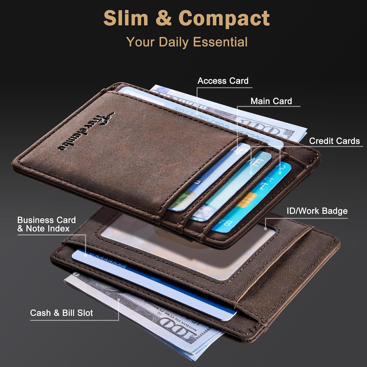 Travelambo Slim Wallet with Minimalist Front Pocket, RFID Blocking Leather, Medium Size