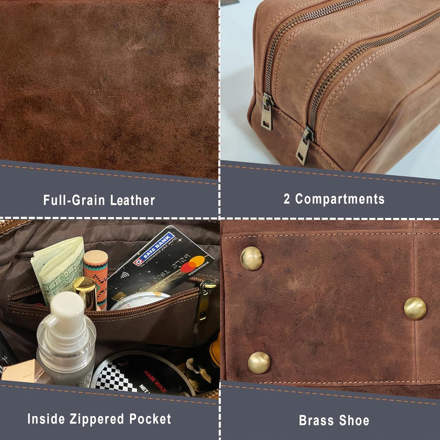 RUSTIC TOWN Leather Travel Toiletry Bag - Toiletry Bag Organizer